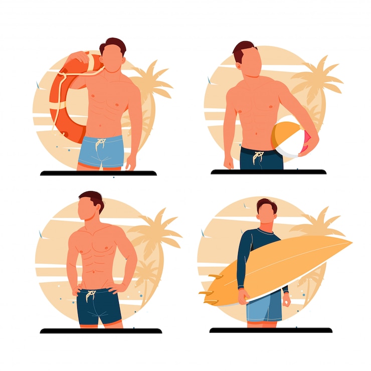 Vetor conjunto de retrato de homens posando na praia. conceito de design plano. ilustração