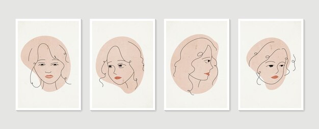 Conjunto de retrato de mulher em linha de pôsteres contemporâneos estéticos abstratos e minimalistas desenhados à mão