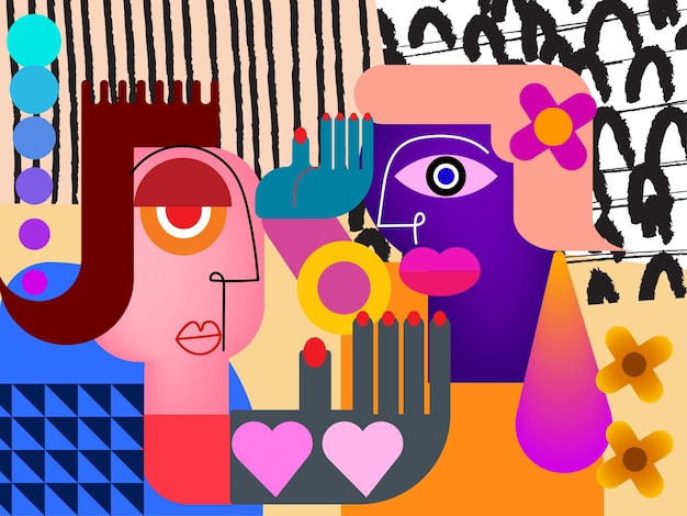 Conjunto de retratos abstratos de rostos, formas geométricas, rabiscos decorativos, arte de parede vetorial desenhada à mão