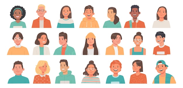 Conjunto de retratos adolescentes Avatares meninos e meninas diferentes nacionalidades Estudantes universitários da escola