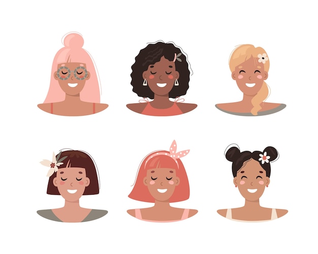 Vetor conjunto de retratos com mulheres jovens de diferentes raças vector a ilustração plana