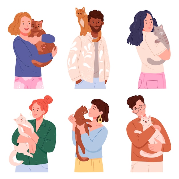 Conjunto de retratos de adoráveis donos de animais de estimação e fofos animais domésticos