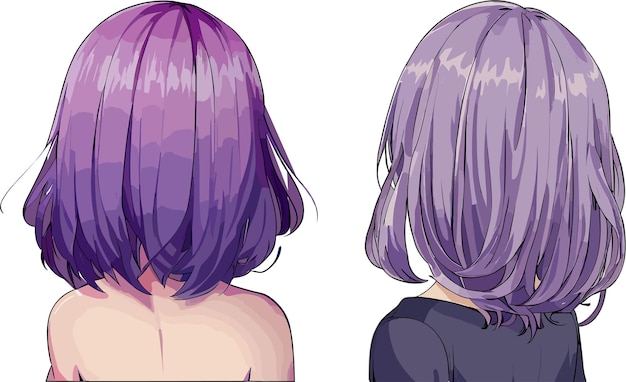 Conjunto de retratos de duas meninas de anime de cabelo branco curto roxo isolado em vetor de fundo branco