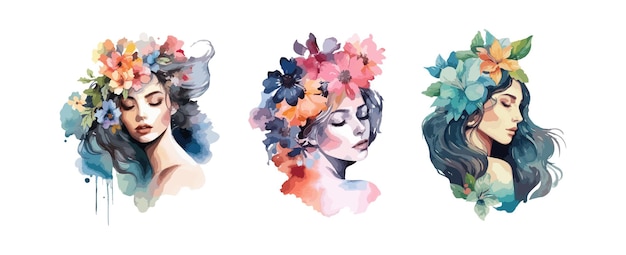 Vetor conjunto de retratos de mulheres com aquarela de flores isoladas em ilustração vetorial de fundo branco