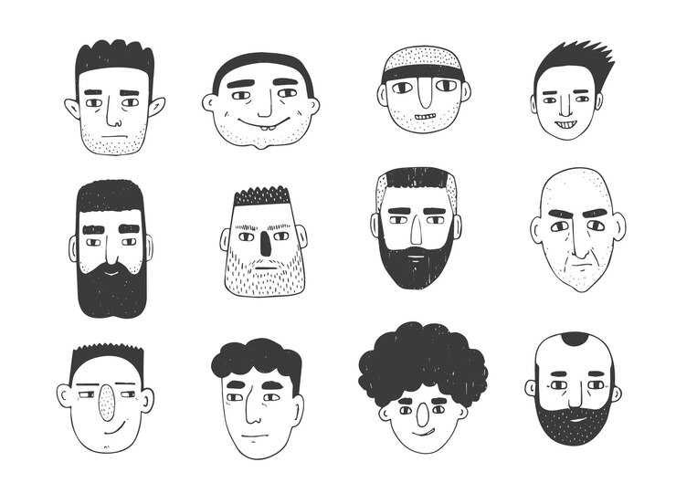 Vetor conjunto de retratos masculinos desenhados à mão linocut carinhosos caricaturas rostos caricaturas da sociedade