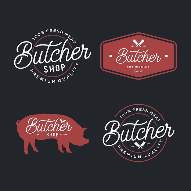 Vetor conjunto de retro vintage butcher shop lettering logotipo etiqueta distintivo emblema sinal modelo de design