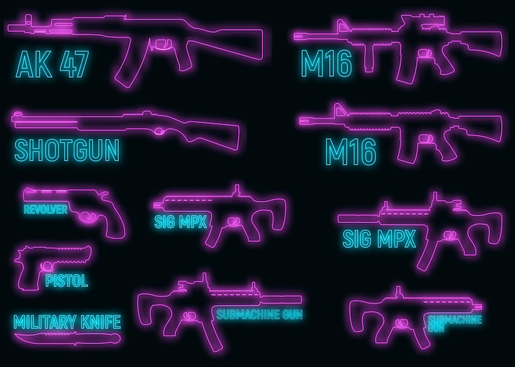 Vetor conjunto de rifle militar de silhueta de néon