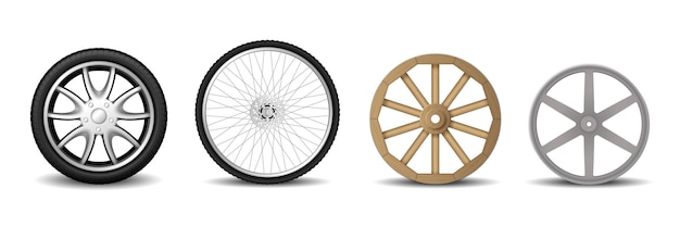 Vetor conjunto de rodas realistas: pneu de carro, aro, roda de mountain bike e roda de madeira velha para carrinho isolado no fundo branco. ilustração vetorial 3d
