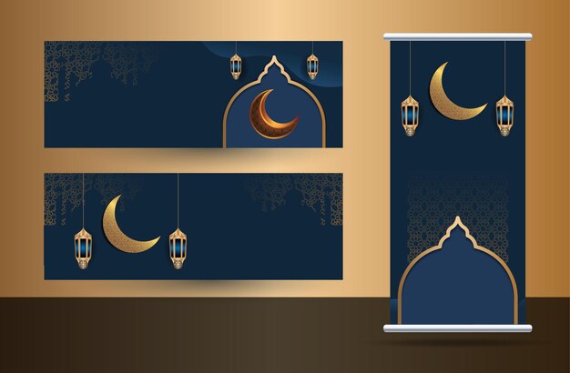 Conjunto de roll up banner com conceito islâmico (eid mubarak).