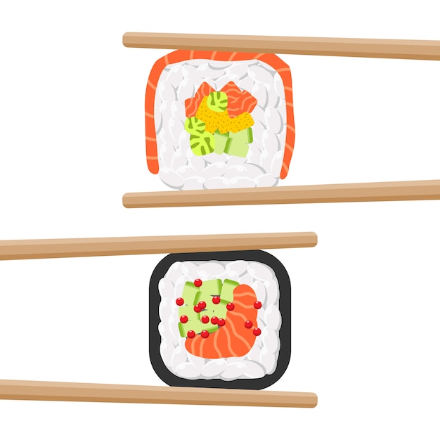 Conjunto de rolos de sushi colorido gostoso com pauzinhos