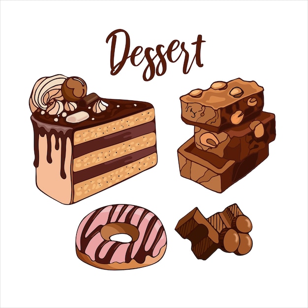 Vetor conjunto de rosquinhas de bolo de chocolate com leite brilhante e deliciosa ilustração em vetor de comida de sobremesa