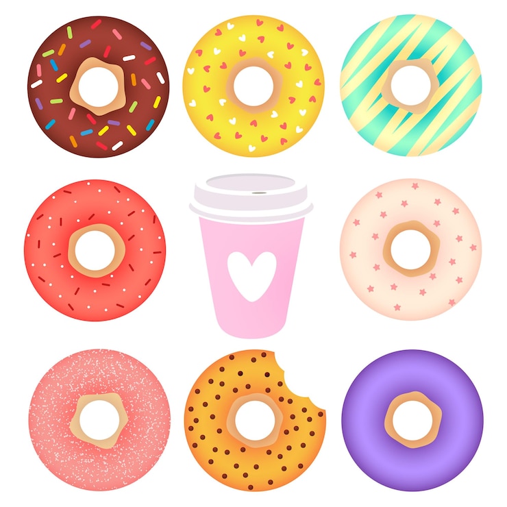 Vetor conjunto de rosquinhas e xícara de café