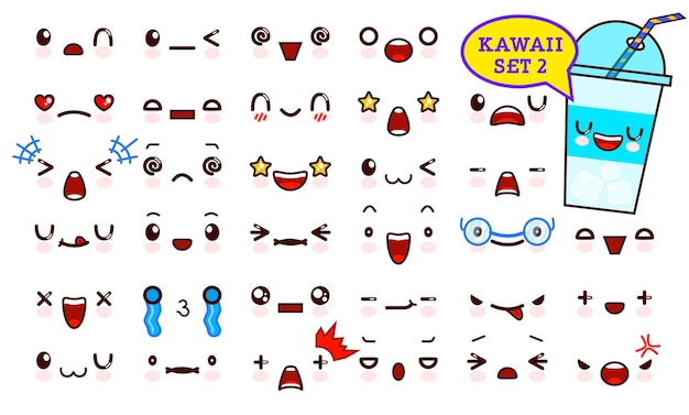 Conjunto de rosto bonito emoticon kawaii e design de ícones de coquetel doce