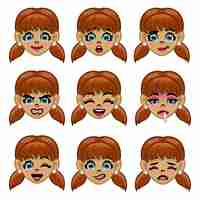Vetor conjunto de rosto de menina com várias expressões faciais em desenho animado