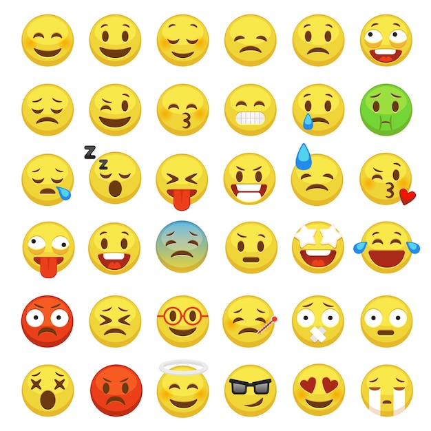 Conjunto de rosto emoji. Personagem facial sinal amarelo mensagem pessoas homem emoção sentimentos conversar ícones dos desenhos animados