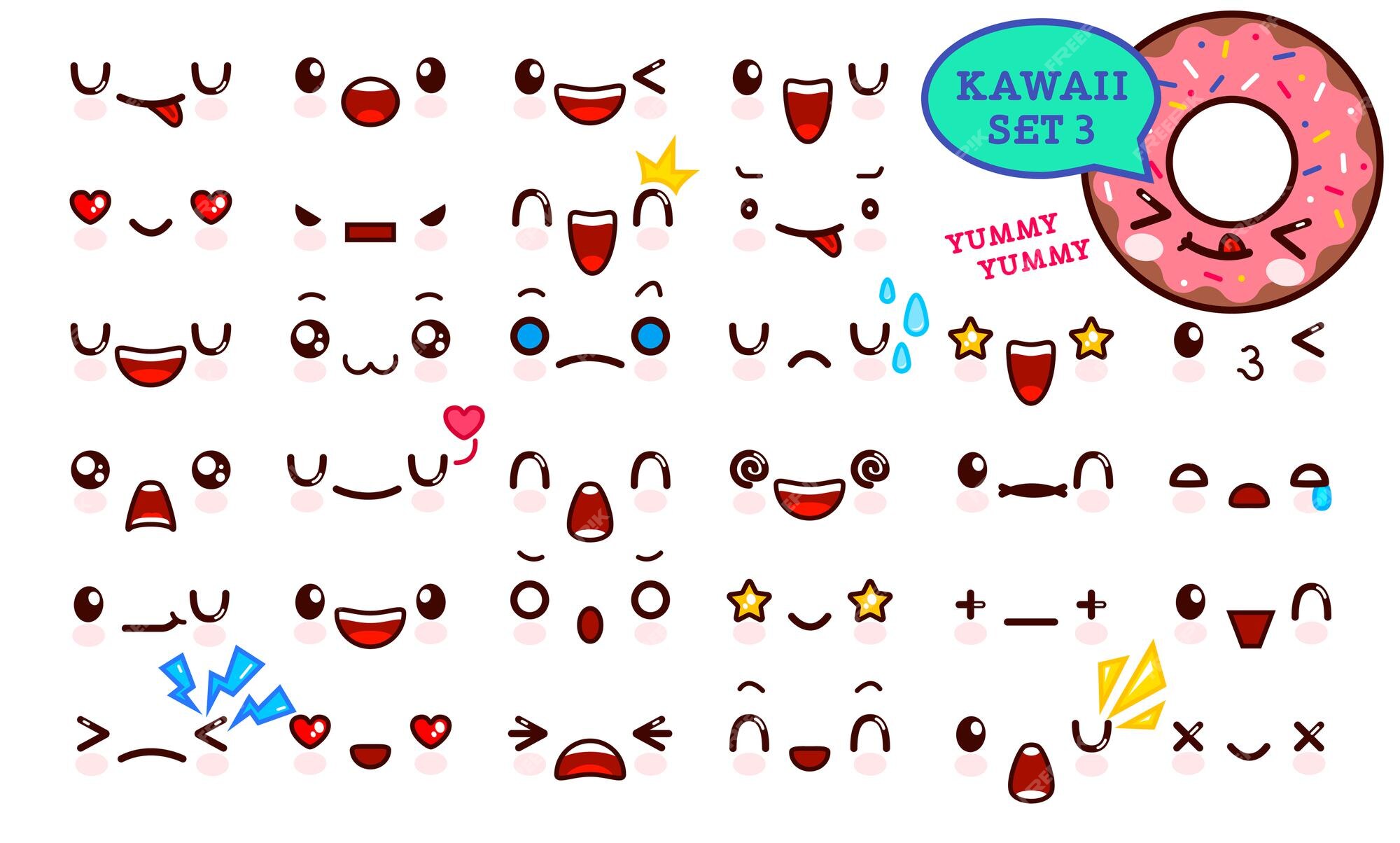 Conjunto De Personagens Do Estilo De Desenho Kawaii Rabiscar. Coleção De  ícones Emoticon Face Na Loja De Doces. Colorido Desenhado Ilustração do  Vetor - Ilustração de colorido, fundo: 209278615