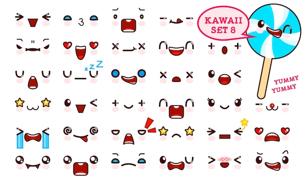 Conjunto de rosto emoticon kawaii fofo e bala doce em um palito kawaii
