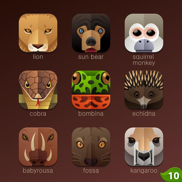 Conjunto de rostos de animais para ícones de aplicativos 10