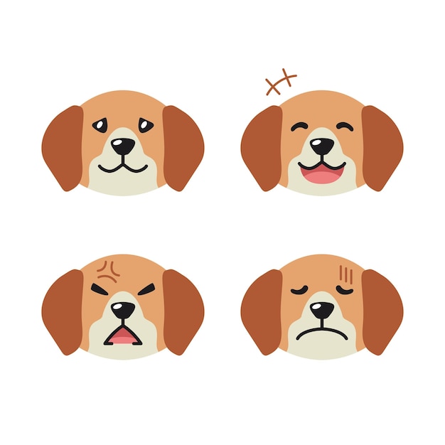 Vetor conjunto de rostos de cachorro beagle de personagem fofinho mostrando emoções diferentes