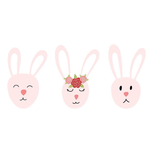 Conjunto de rostos de coelho fofos em estilo plano de desenho animado, personagem de coelho de páscoa para impressão de crianças