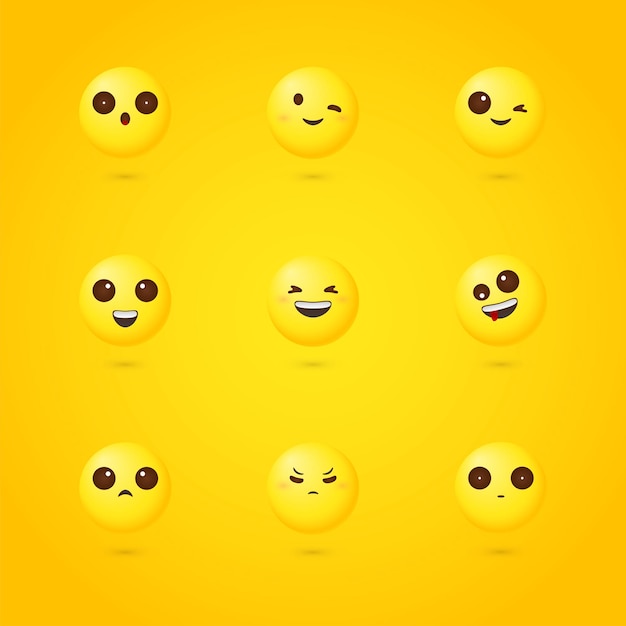 Conjunto de rostos de desenhos animados emocionais fofos ícones amarelos em fundo amarelo