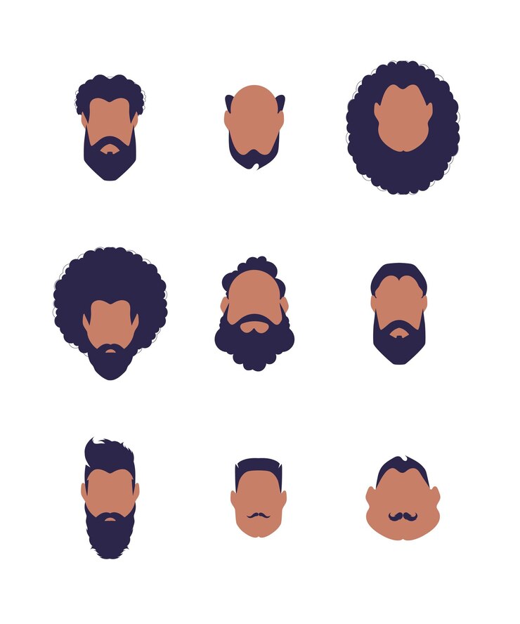 Vetor conjunto de rostos de homens de diferentes tipos e nacionalidades estilo cartoon isolado
