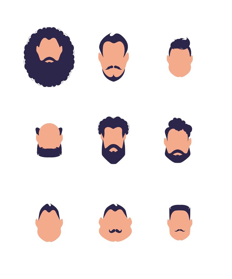 Vetor conjunto de rostos de homens de diferentes tipos e nacionalidades isolados em fundo branco estilo cartoon