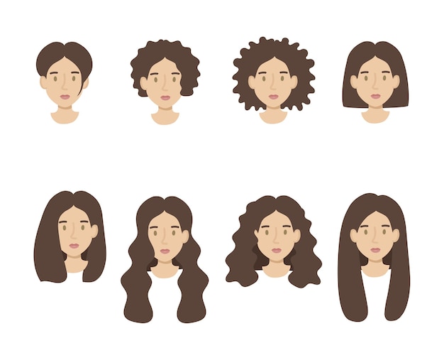 Conjunto de rostos de meninas planas Jovem amigável com penteados de cabelo escuro de comprimentos diferentes Ilustração vetorial desenhada à mão
