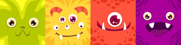 Conjunto de rostos de monstros quadrados dos desenhos animados criaturas fofas e coloridas engraçadas para avatares e ícones