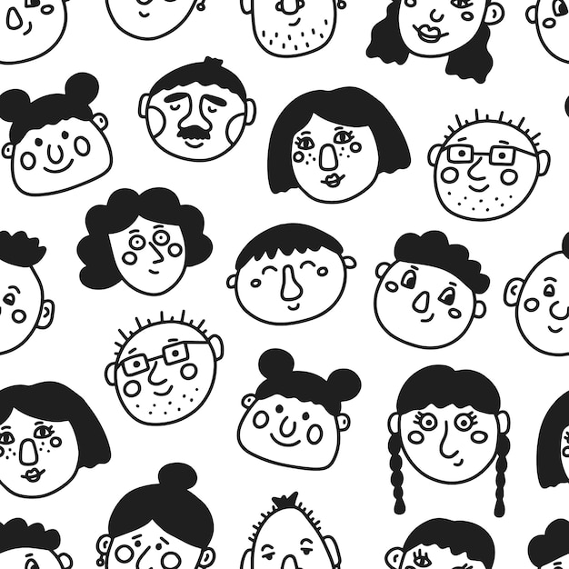 Conjunto de rostos de personagens em padrão sem emenda de vetores de estilo doodle em fundo branco