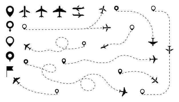 Conjunto de rota pontilhada de avião linha pontilhada de rota de aeronaves trajeto da linha aérea de rota