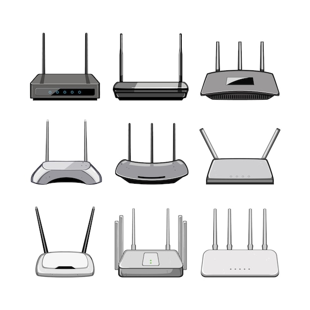 conjunto de roteador cartoon rede sem fio modem wi-fi tecnologia antena roteador sinal símbolo isolado ilustração vetorial