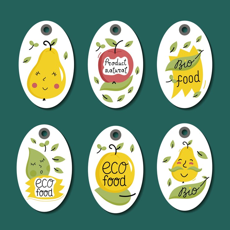 Vetor conjunto de rótulos de alimentos orgânicos, eco e bio.