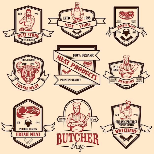 Conjunto de rótulos de loja de carne vintage. elemento de design para logotipo, emblema, sinal, cartaz.