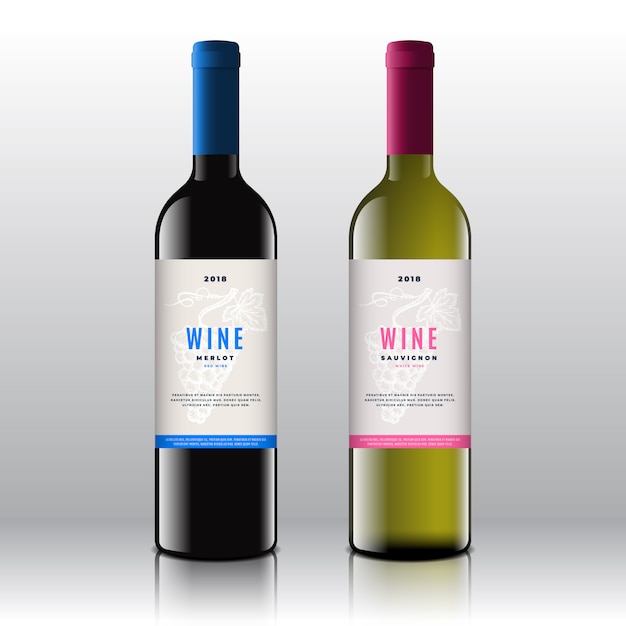 Conjunto de rótulos de vinho tinto e branco de qualidade Premium em garrafas realistas. Limpo e moderno com cacho de uvas desenhadas à mão, folha e tipografia mínima elegante.