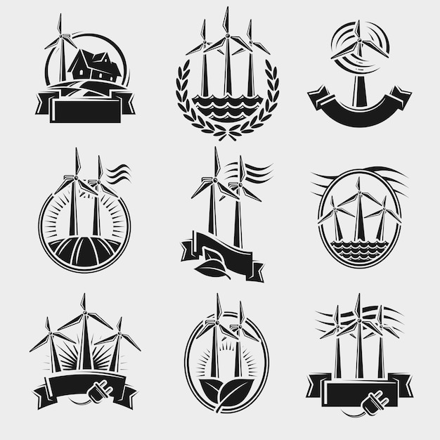 Conjunto de rótulos e elementos de moinho de vento ícone de coleção vetor de moinho de vento