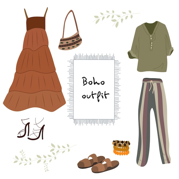 Conjunto de roupas boho boho no estilo escandinavo Vestido doodle dos desenhos animados Acessórios de bolsa de camiseta e calças ilustração vetorial
