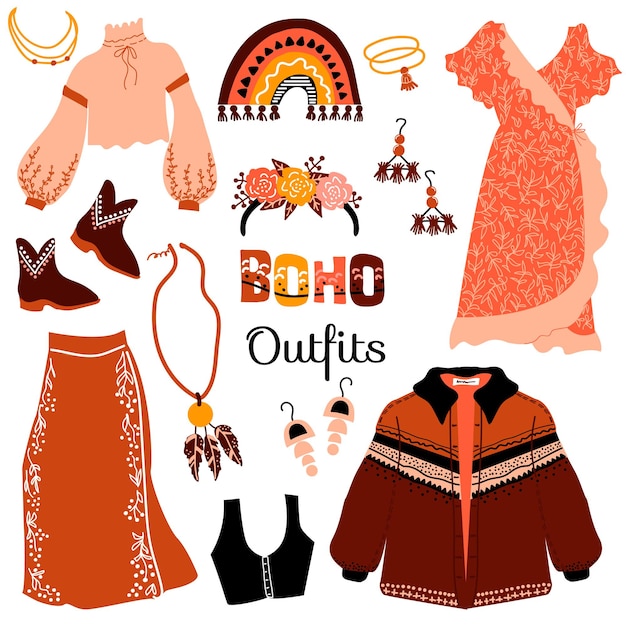 Vetor conjunto de roupas boho. roupas e acessórios da moda. ilustração vetorial com texto