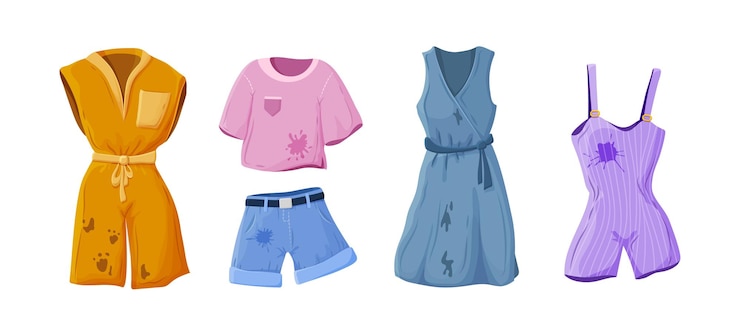 Vetor conjunto de roupas com manchas de sujeira top moletom com capuz vestido camiseta geral shorts manchas sujas