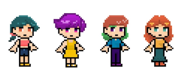 Conjunto de roupas de estilo diferente de personagens de anime pixel