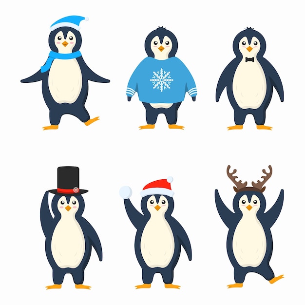 Conjunto de roupas de pinguins em plano fofinho personagens de desenho animado inverno antártico pássaro animal