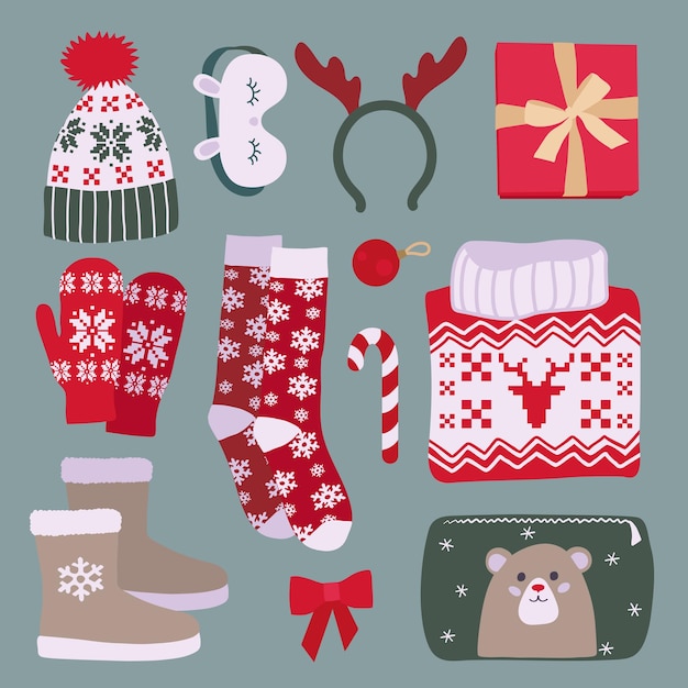 Conjunto de roupas e itens de natal e inverno