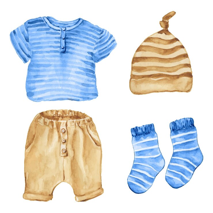 Vetor conjunto de roupas infantis vintage desenhado à mão ilustração a aquarela para baby shower