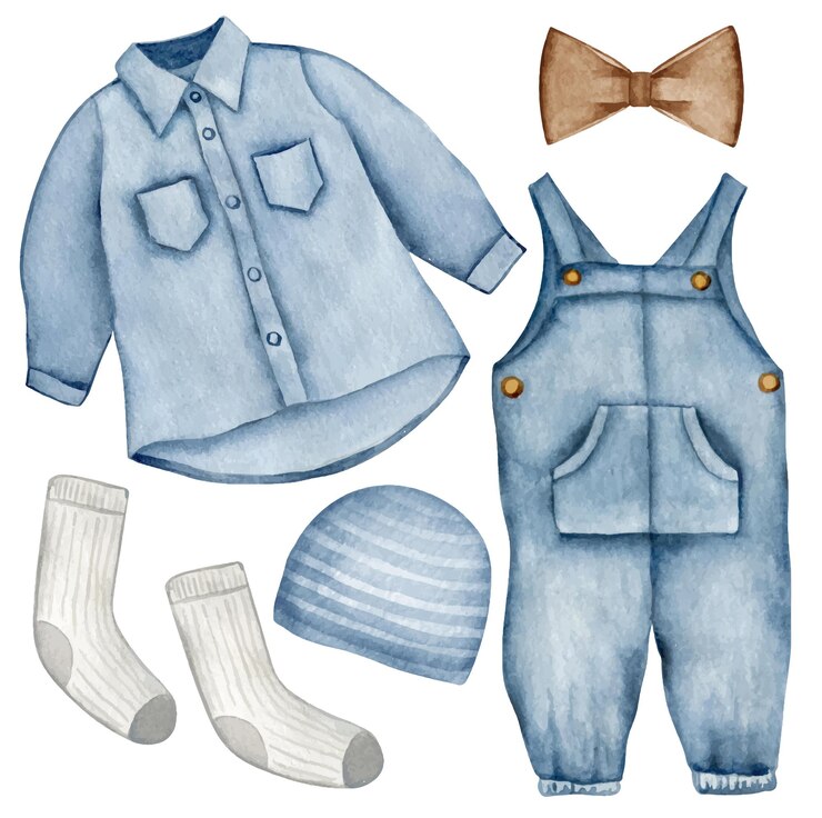 Vetor conjunto de roupas para menino macacão, camisa de malha chapéu, gravata borboleta e meias moda rústica para crianças