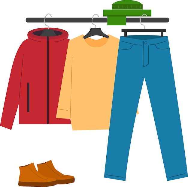 Conjunto de roupas quentes para adultos em um gancho Ilustração vetorial