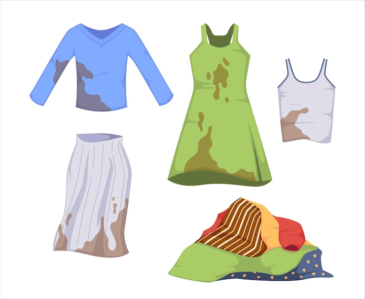 Vetor conjunto de roupas sujas com bolhas e manchas de comida e bebida isoladas em fundo branco vestido de camisa bagunçado