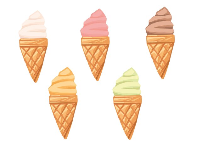 Conjunto de sabores de sorvete em cones de waffle com ilustração vetorial plana de cor diferente isolada em fundo branco