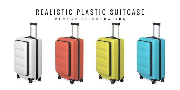 Conjunto de sacos de carrinho de viagem 3d mala de plástico realista símbolo de turismo isolado em fundo branco ilustração vetorial
