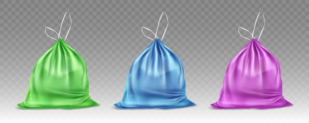 Conjunto de sacos plásticos coloridos para lixo e lixo. Maquete realista vetorial de saco de lixo de polietileno. Saco com lixo com corda amarrada isolada em fundo transparente