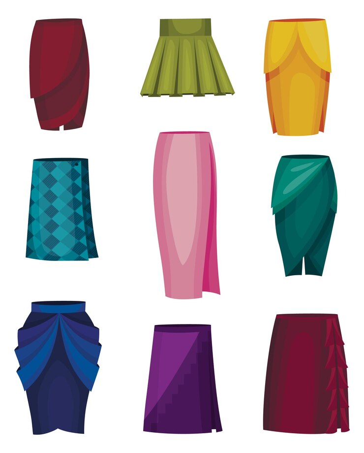 Vetor conjunto de saia feminina roupas da moda modernas roupas formais da moda modelos e cores estilosas diferentes das roupas design de roupas femininas